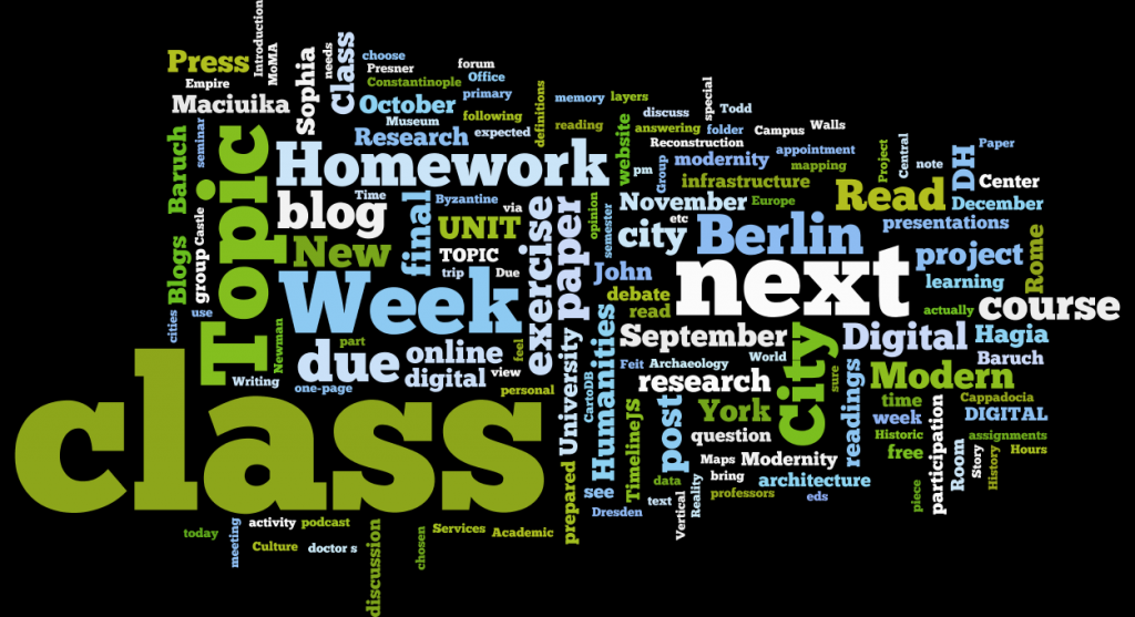 A word cloud from the DH and the Modern City syllabus. 